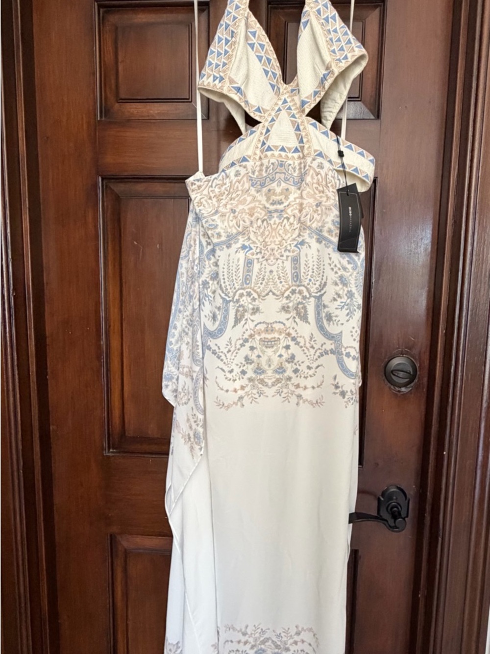 BCBGMAXAZRIA Evelina Halter High Low Gown NWT Size 4 Ivory Blue Paisley $300